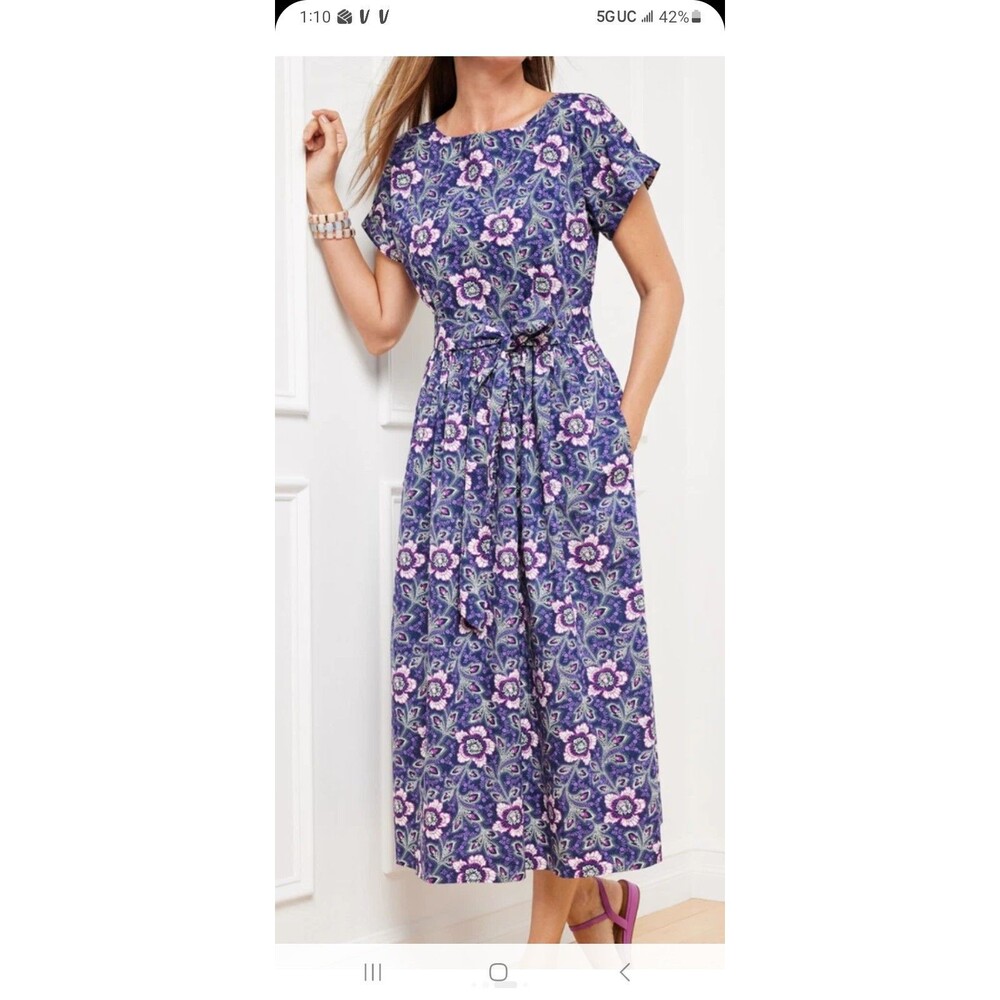 Talbots cotton blue floral midi dress 14 short sl. modest career church everyday